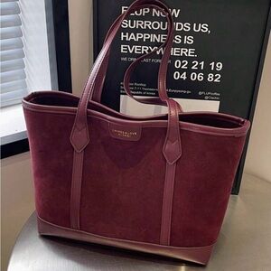 Burgundy Faux Suede Leather Tote Bag Women Large Shoulder Bag Work Purse